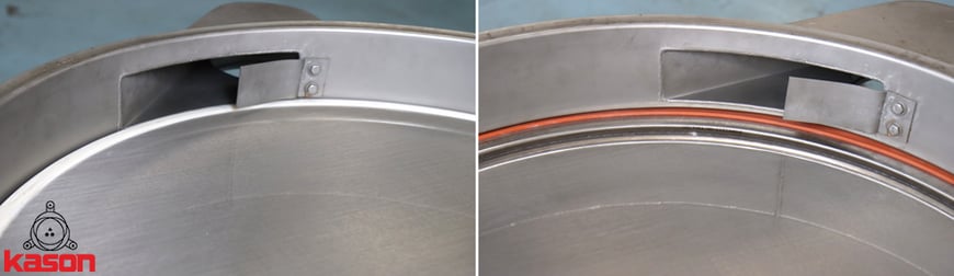 Left: A properly installed screen, flush with the discharge port. Right: A screen installed upside down - a 1" ridge along the perimeter prevents material discharge.